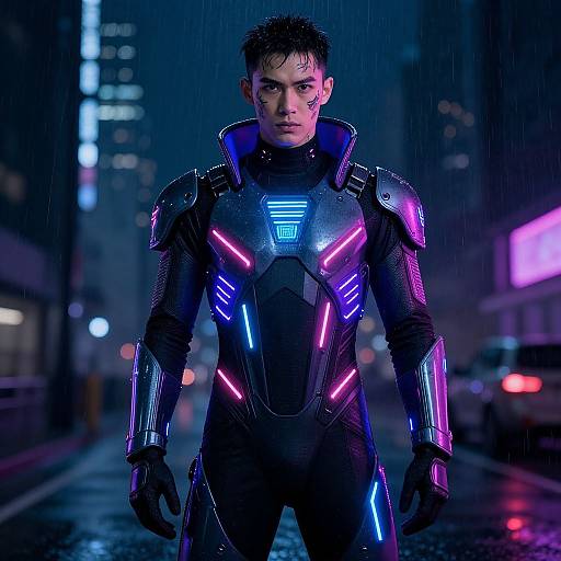 Photorealistic CGI of a serious man in a neon-lit, futuristic black suit with blue and pink glowing accents standing in a rainy, dark city