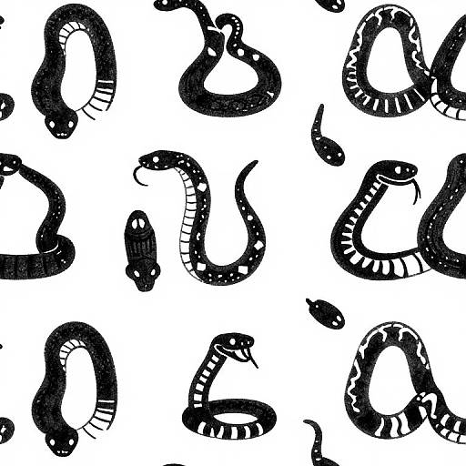 Digital drawing of numerous black, patterned snakes with white stripes on a white background, arranged in a scattered pattern.