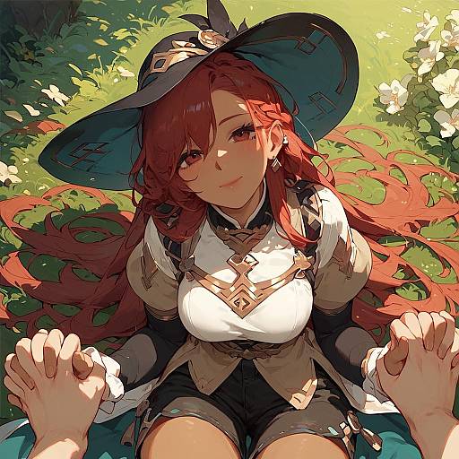 Digital anime-style artwork of a red-haired witch with large hat, holding hands, wearing white blouse and black shorts, in sunlit forest.