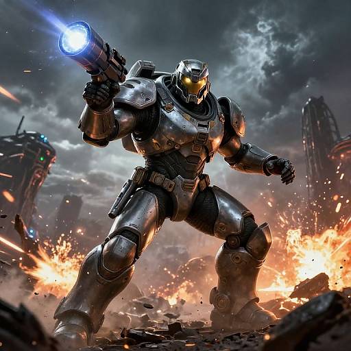 CGI image of a futuristic, armored soldier with glowing yellow eyes, wielding a blue-lit gun, standing amidst a burning, war-torn city