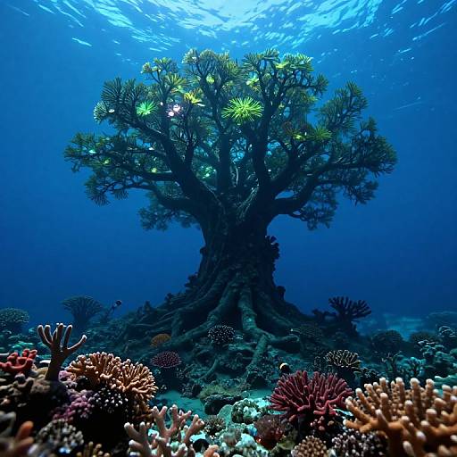 Photograph of an underwater scene featuring a large, illuminated sea tree with glowing green and yellow lights, surrounded by vibrant coral reefs in a deep blue ocean