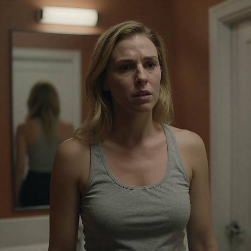 Concerned Woman in Dimly Lit Hallway