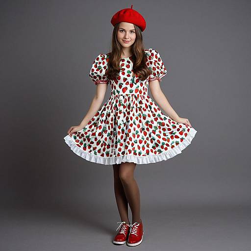 Young Woman in Strawberry Print Dress and Red Beret