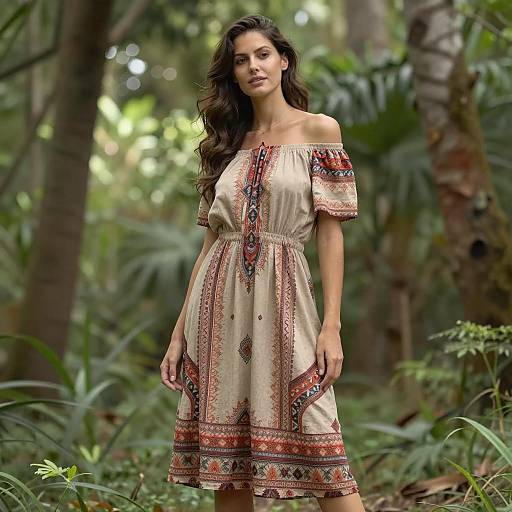 Woman in Off-Shoulder Beige Dress in Forest