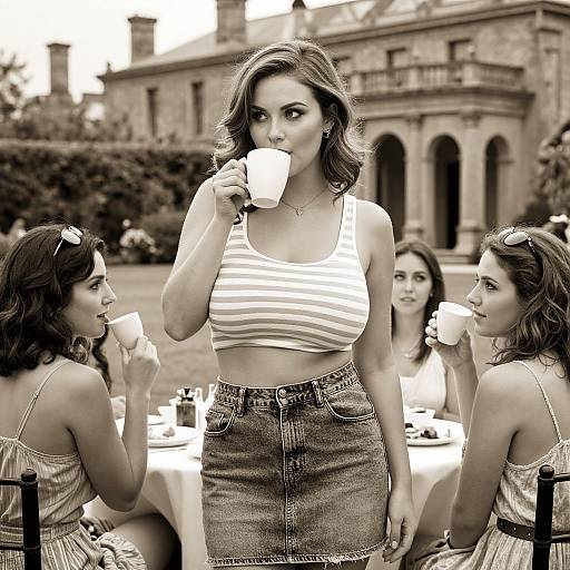Photograph of four women with wavy hair, sipping tea outdoors at a table. Central woman in striped tank top and denim skirt, flanked
