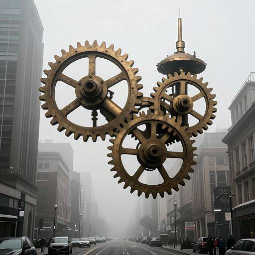 Photograph of large, floating brass gears in a foggy urban street, with tall buildings, parked cars, and pedestrians on either side.