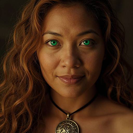 Photograph of a woman with wavy brown hair, green eyes, and a subtle smile, wearing a black necklace with a circular pendant, against a