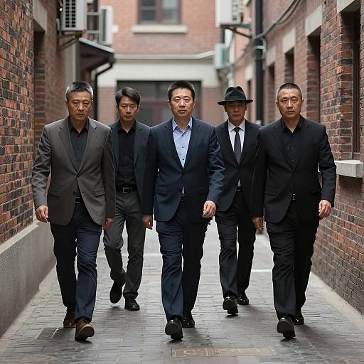 Five Businessmen Walking in Brick Alleyway
