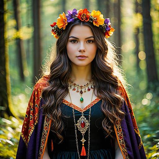 Medieval Woman with Flower Crown in Forest