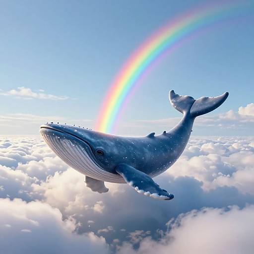 Photorealistic digital image of a massive blue whale soaring through a bright, cloudy sky with a vibrant rainbow arcing above.