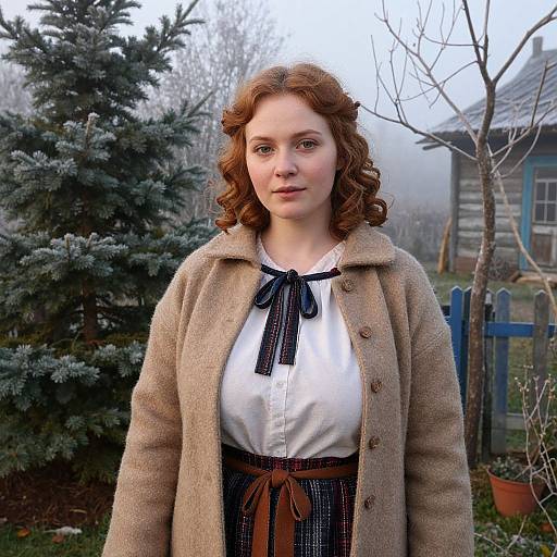 Photograph of a red-haired woman with curly hair, wearing a beige coat, white blouse, and black skirt, standing in a misty, fog