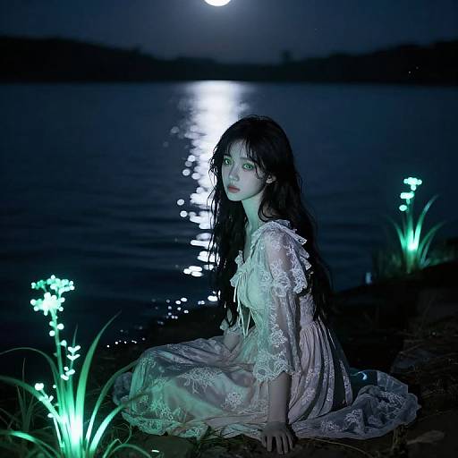 Photograph of a young woman with long black hair, wearing a lace dress, sitting by a moonlit lake, surrounded by glowing flowers.