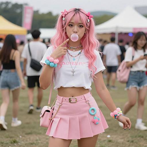 Anime-Style Gyaru Girl with Pink Hair at Festival