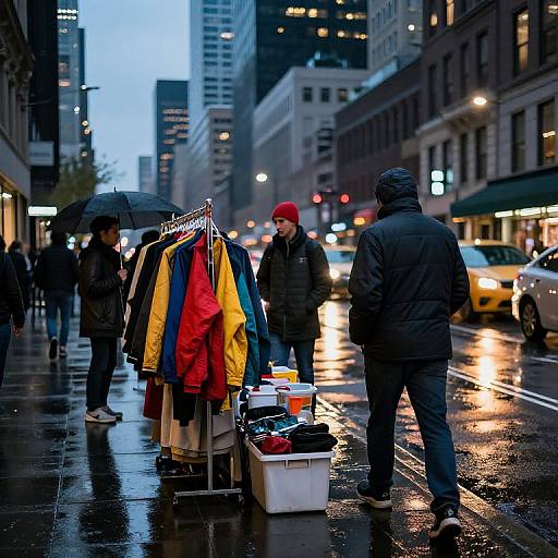 Photograph of a rainy city street at dusk, featuring a clothing vendor with colorful jackets, a man in a red hat, and pedestrians, with illuminated