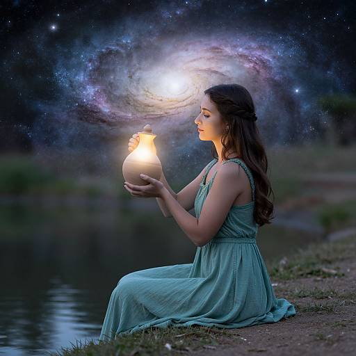 Photograph: Woman in teal dress, with long brown hair, sits by a river, holding glowing lantern, under a starry, swirling galaxy sky