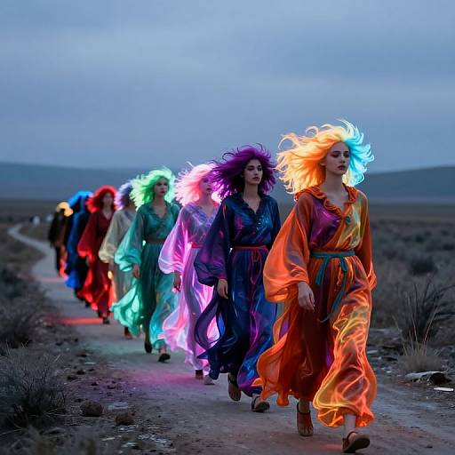 Photograph of seven women with glowing, colorful hair in flowing robes, walking on a desert path at twilight.