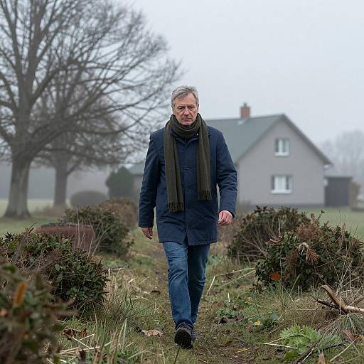 Foggy Walk: Middle-Aged Man in Nature