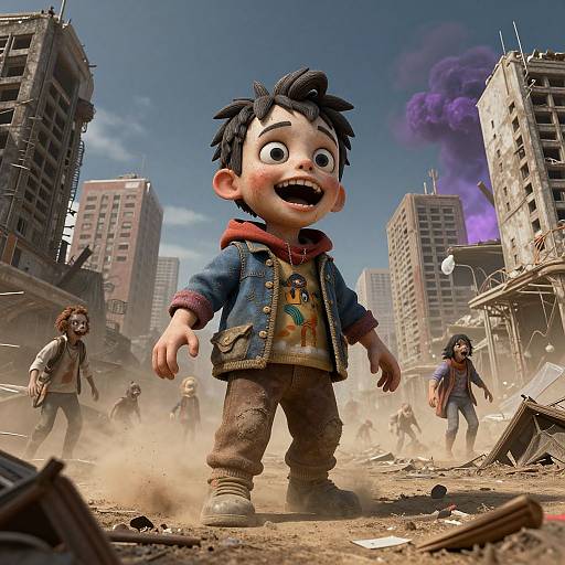 CGI image of a wide-eyed, smiling child in a denim jacket and dirty clothes standing amid a post-apocalyptic, rubble-filled city with zombies and