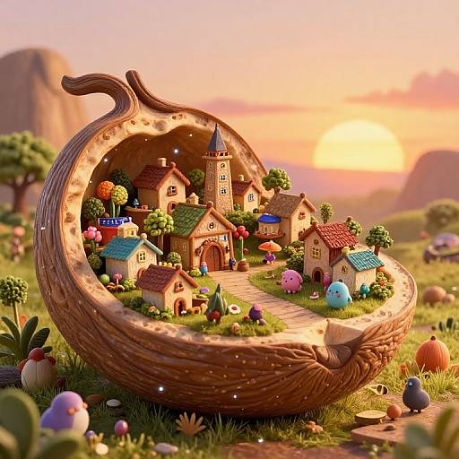 Whimsical CGI scene: colorful miniature fairy-tale village inside a carved wooden bowl, surrounded by mushrooms, flowers, and a sunset-lit landscape