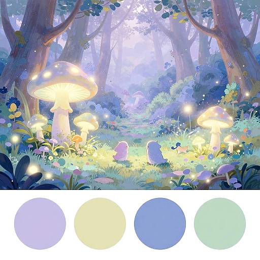 Whimsical forest scene with glowing mushrooms, colorful foliage, and soft light filtering through trees. Color palette at bottom. Digital art.