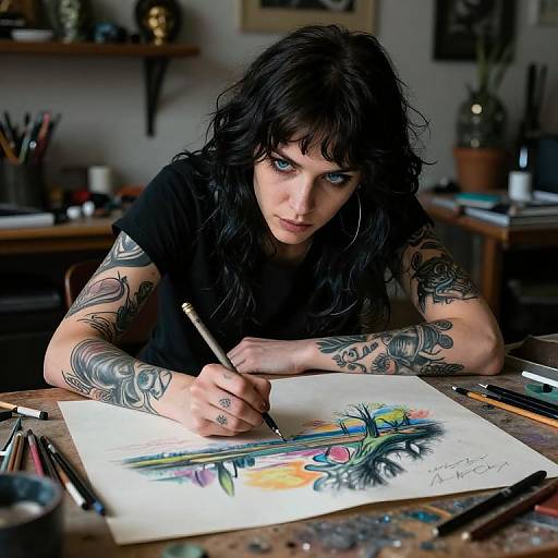 Photograph of a tattooed woman with black hair and blue eyes, intently drawing a colorful feather on a canvas in a cluttered art studio.
