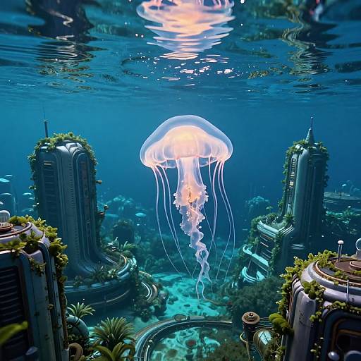 Luminous Jellyfish Over Futuristic Ruins