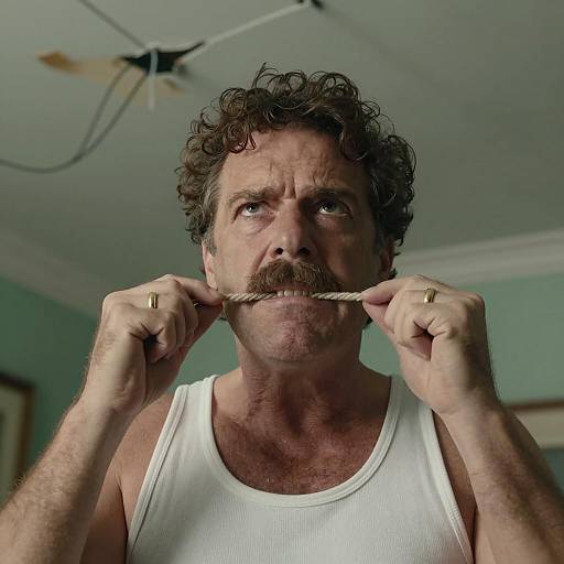 Focused Man with Curly Hair and Rope