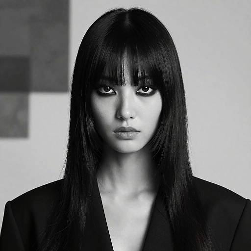 High-Fashion Model with Sleek Bangs and Dramatic Eye Makeup
