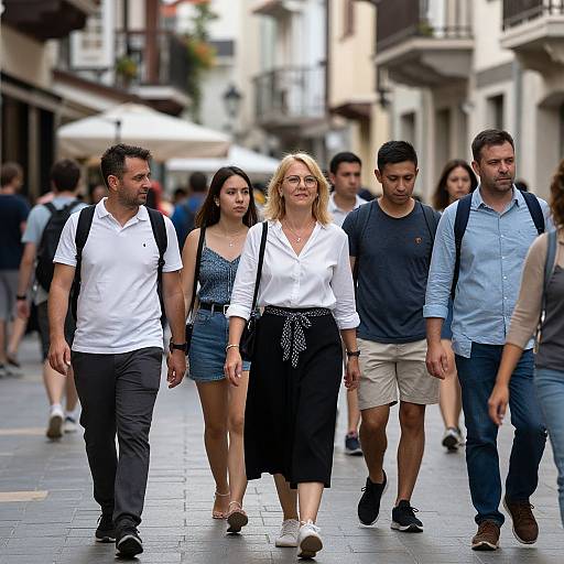 Photograph of a diverse group walking down a busy urban street; central blonde woman in white blouse and black skirt flanked by four men in casual attire