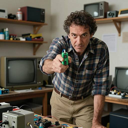 Focused Man in Cluttered Workshop Scene