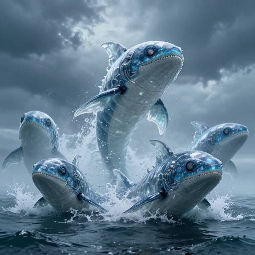 Digital artwork of five robotic blue dolphins with glowing eyes, bursting through turbulent ocean waves under a stormy, cloud-filled sky.