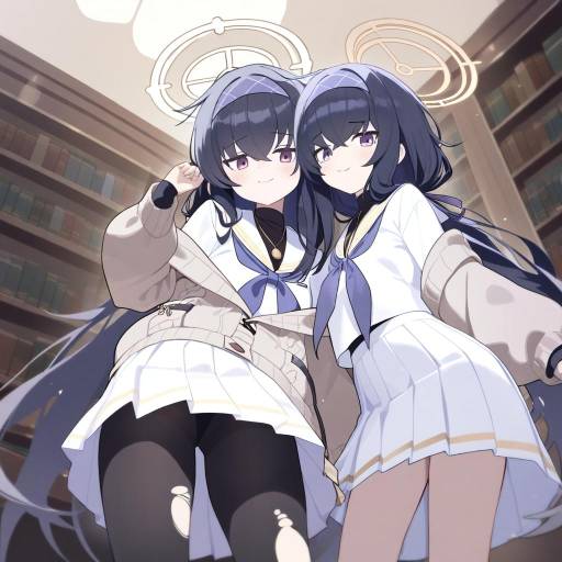 Anime Girls in Library with Unique Outfits