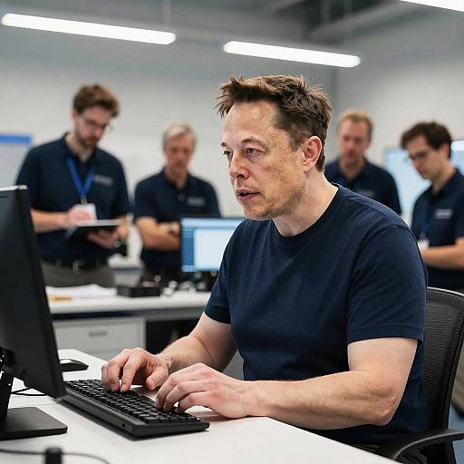 Photograph of a focused, middle-aged white man with short brown hair, wearing a black t-shirt, typing on a computer in a brightly lit office