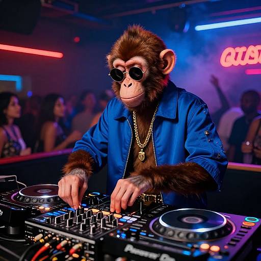 Photograph of a monkey DJ in a blue jacket, sunglasses, gold chain, spinning records in a neon-lit, crowded club.