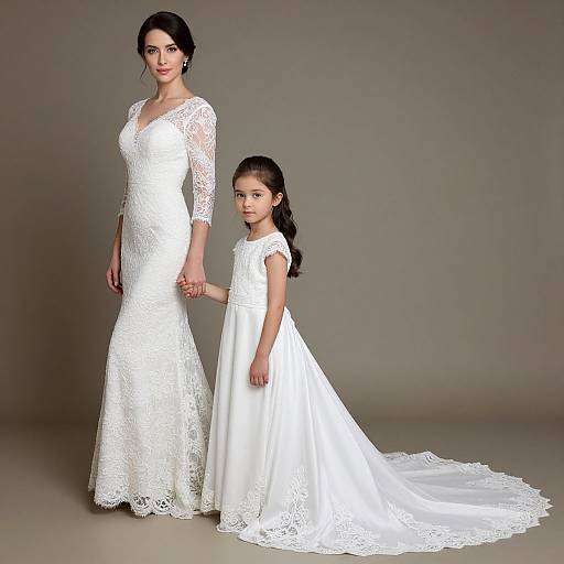 Photograph of a woman in a lace, long-sleeve white wedding dress and a young girl in a white lace dress holding hands, standing against