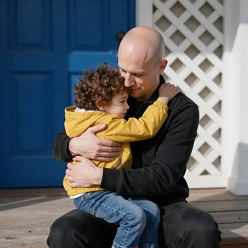 Father Hugging Child on Wooden Steps