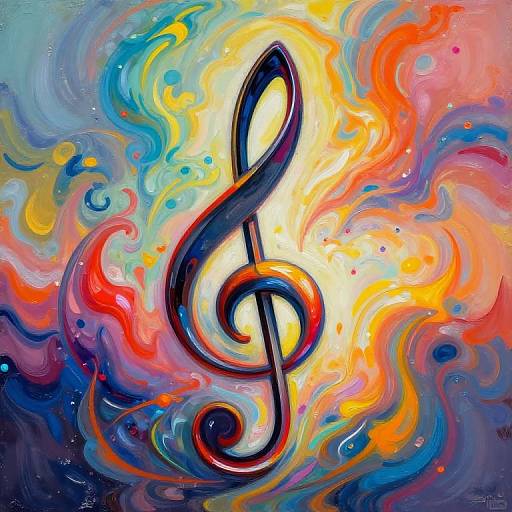 Vibrant abstract painting of a large black treble clef surrounded by swirling, colorful flames in shades of blue, yellow, orange, and red