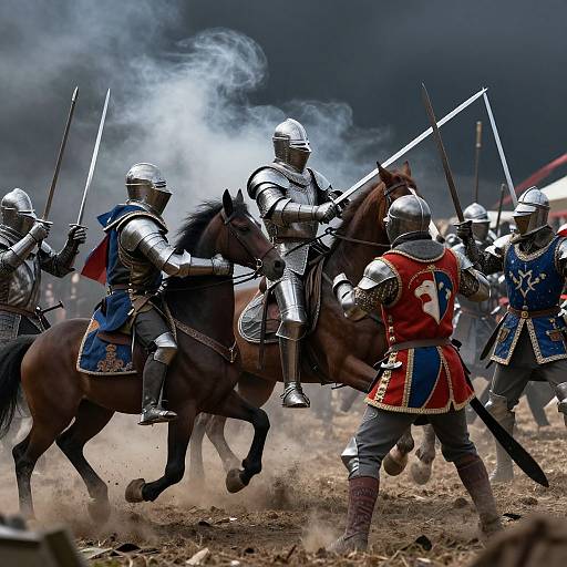 Photograph of medieval knights in silver armor and colorful surcoats, charging on horses with raised swords, amidst dust and smoke.