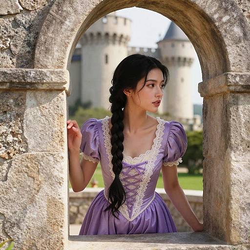 Photograph of an Asian woman with long black braid, wearing a lavender medieval dress, framed by a stone archway, with a castle in the