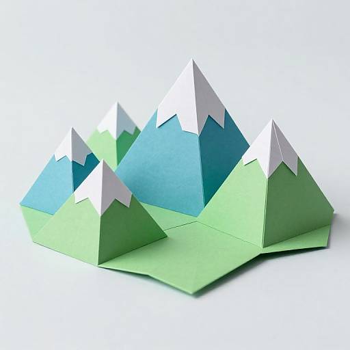 Photograph of a papercraft mountain range with five triangular peaks in shades of blue and green, set against a white background.