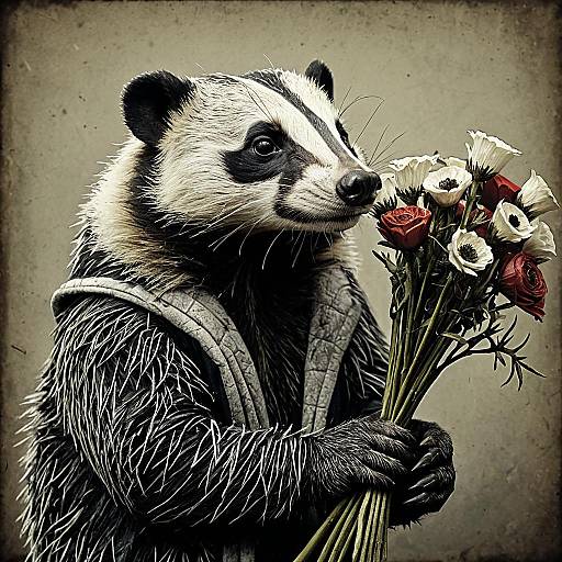 Curious Badger with Intricate Bouquet
