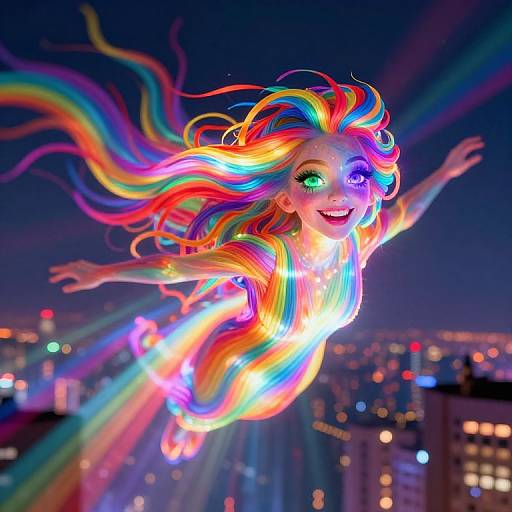 Photorealistic CGI of a joyful, rainbow-haired girl with glowing green eyes flying above a city at night, surrounded by colorful lights.