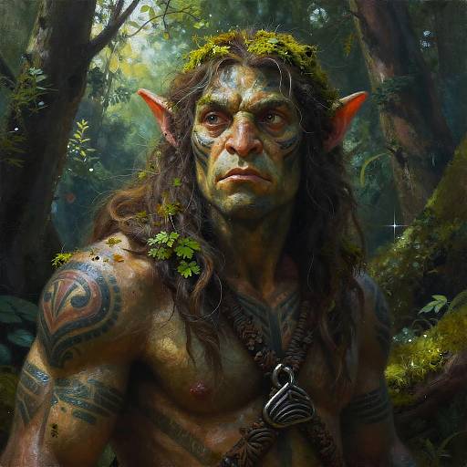 Digital painting of a muscular, green-skinned, elven-like forest creature with long brown hair, pointed ears, moss-covered head, tattoos, and