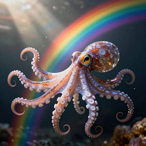 Photograph of a vibrant, patterned octopus with bulbous eyes and curling tentacles, floating in deep ocean water with a radiant rainbow in