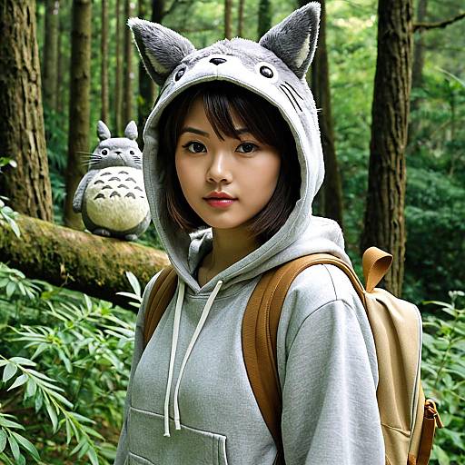 Young Woman in Totoro Hoodie in Forest