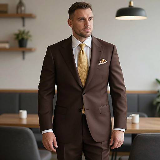 Photograph of a handsome man with short brown hair in a dark brown suit, white shirt, gold patterned tie, and pocket square, standing in