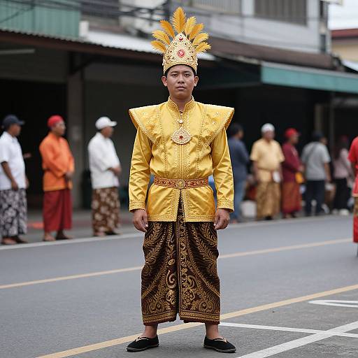 Photograph of a male dancer in traditional yellow and gold attire with ornate patterns, feathered headpiece, standing on a street, background of blurred
