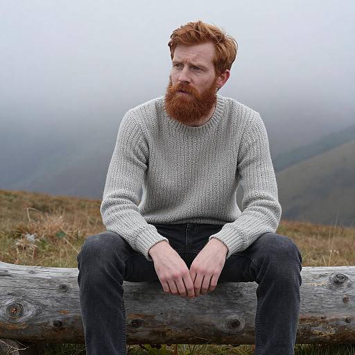 Red-Haired Man on Foggy Mountain Log