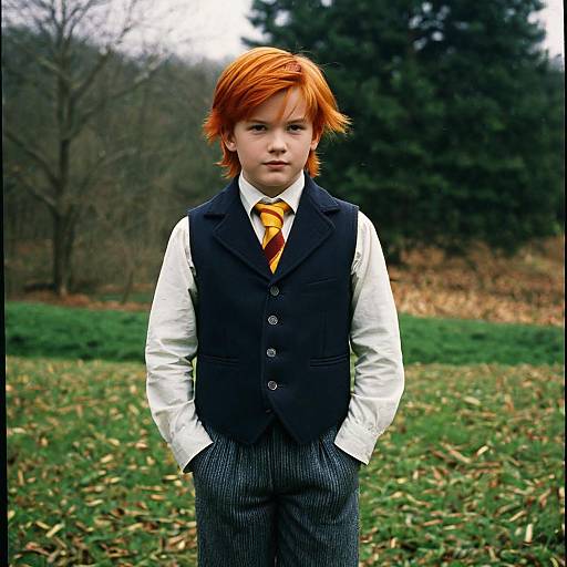 Dapper Boy with Orange Hair in Vest Outdoors
