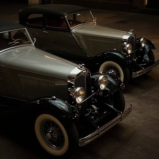 Photograph of two vintage black and silver classic cars with whitewall tires, illuminated headlights, parked in a dimly lit garage.